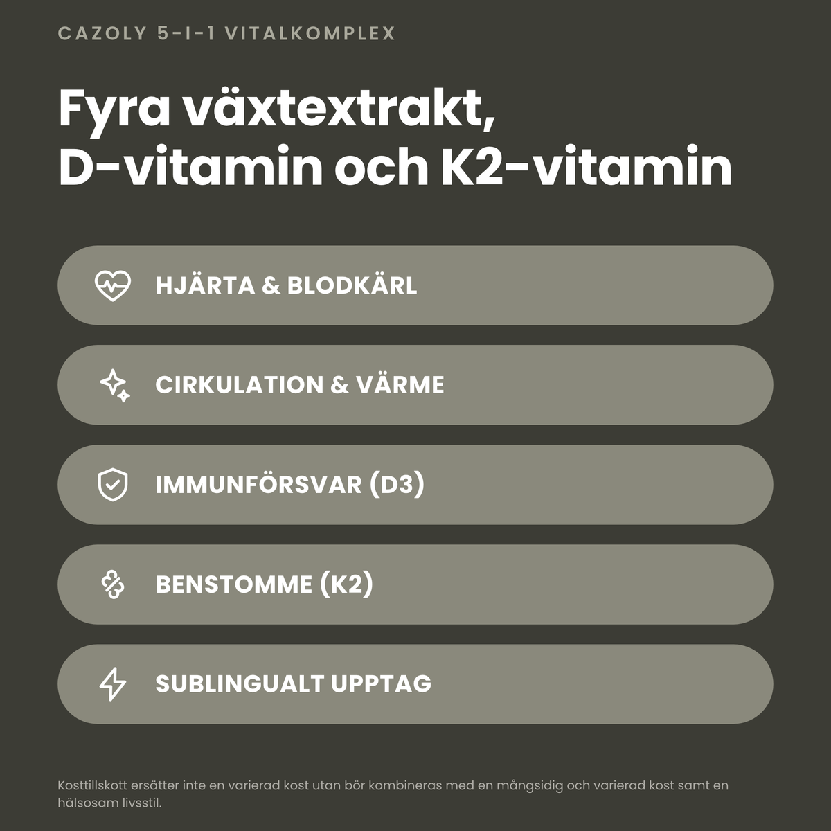 Fyra växtextrakt, D-vitamin och K2-vitamin