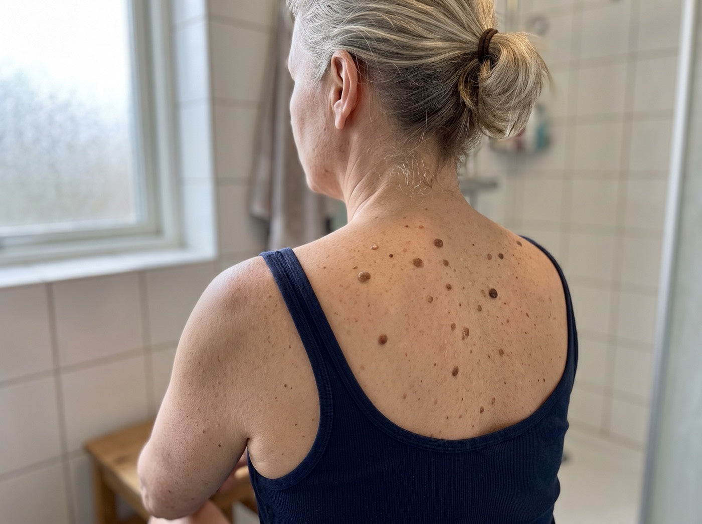 Åldersvårtor på rygg och nacke hos en kvinna i 50-årsåldern
